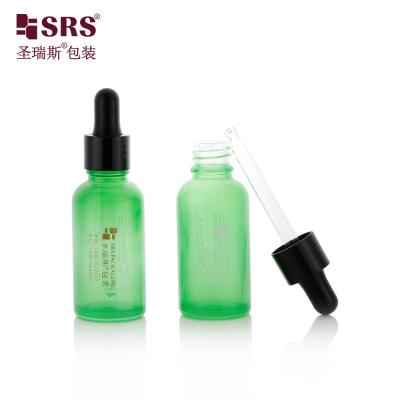 China D001-50ml Eco Friendly Empty Green Coating Dropper Bottle Glass Container With Black Glossy Dropper Cap Silicone Bulb For Body Care Oil for sale