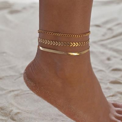 China 3Pcs/Set Vintage Boho Romantic Anklets For Women Gold Plated Snake Chain Charm Anklet Bracelet for sale