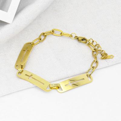 China Hot Selling Custom Plated Vintage Stainless Steel 18K Dubai Gold Hollow Cross Bracelet Bangle For Men for sale