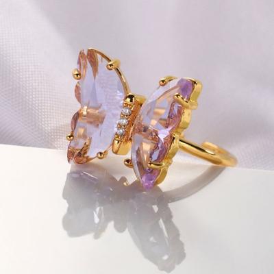 China Fashion TRENDY Large Gold Plated Butterfly Rings Tasty Butterfly Adjustable Glass Ring For Women for sale