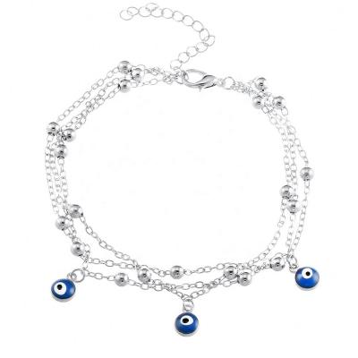 China Fashion Three Layer 18k Gold Ethnic Ankle Chain Turkey Evil Eye Chain Anklets For Women Wholesale for sale