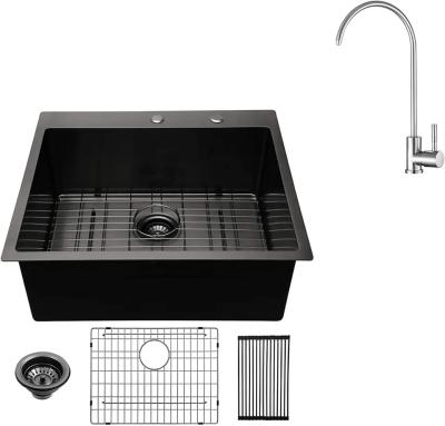 China Luxury Single Bowl Matte Black 304 Stainless Steel Topmount Handmade Kitchen Sink for sale