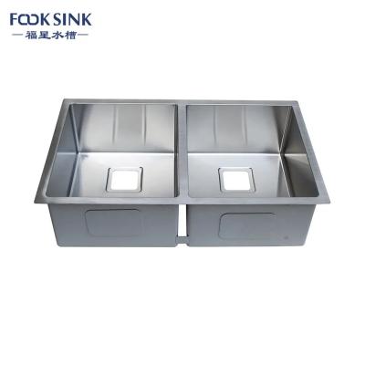 China 304 Stainless Steel Handmade Square Hole Double Bowl American Style Undermount Kitchen Sink for sale