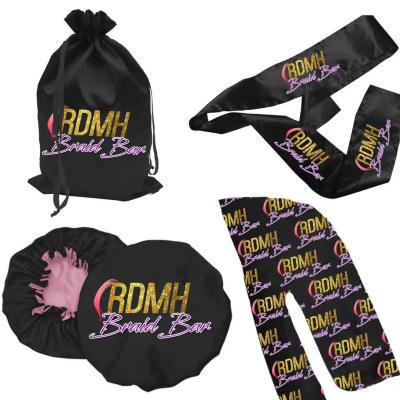 China Custom LOGO Print BABY plush ADULT silk bonnet bags double layer satin designer bonnets with head wraps for sale