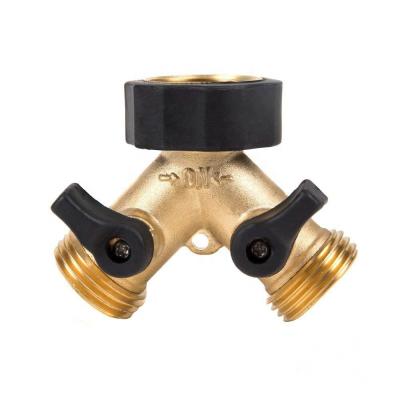 China Solid Brass Y Connector 2 Way Y Valve Garden Hose Connector With Comfort Grip for sale