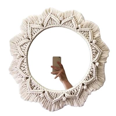 China Lighted Handmade Macrame Mirror Makeup Mirror Lighted Compact Wall Tapestry Home Porch Mirrors For Home Makeup Bath Room for sale