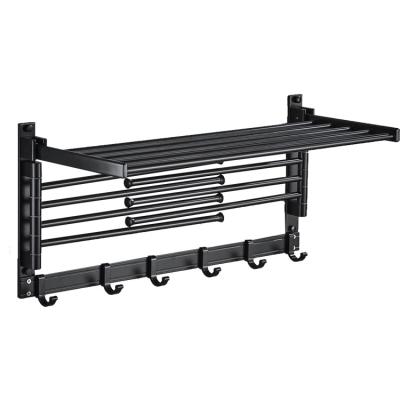 China Aluminum Wall Mounted Folding Heater Bathroom Towel Rack Frosted Black Storage Rack With Hook Rack for sale