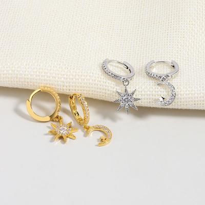 China TRENDY Star and Moon Asymmetric Zircon Circle Earrings Trend All-match Gold Plated Micro Pave Diamond Dangle Drop Earrings For Girl for sale