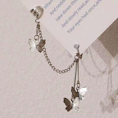 China New Punk 925 Needle Style Butterfly Chain Earring Silver Bone Clip On Earrings Hip Hop Butterfly Drop Earrings for sale