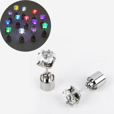 China New HIP HOP Square Zircon LED 7 Color Earrings Trend Party Punk Halloween Light Light Eye-catching Bar Lighting Stud Earrings for sale