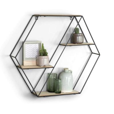 China Eco-Friendly Hexagon Wall Shelf Wood And Metal Mix 4 Tier Vintage Wall Shelves Floating Wooden Wall Shelf for sale