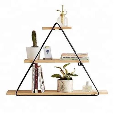 China Modern Wall Mounted Triangle Display Stand Wooden Iron Wall Floating Shelf for sale