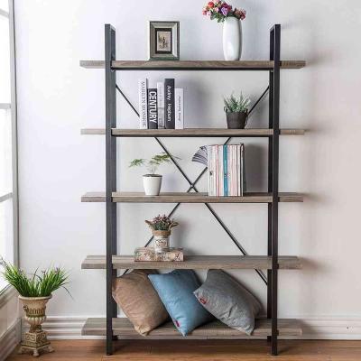 China Etagere 5-Shelf Adjustable Dark Open Vintage Oak Bookshelf (Others), Industrial Rustic Wood And Metal Bookcase for sale