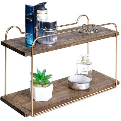 China Viable Preferred 2-Tier Wood and Metal Tone Bathroom Vanity Shelf Organizer in Brass for sale