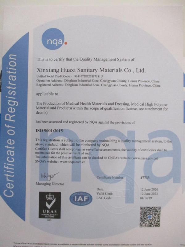 ISO9001 - Xinxiang Huaxi Sanitary Materials Co., Ltd.