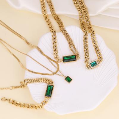 China FASHIONABLE Fine Stainless Steel Emerald Glass Necklace and Bracelet Set Cuban Link Stainless Steel Jewelry Set for sale