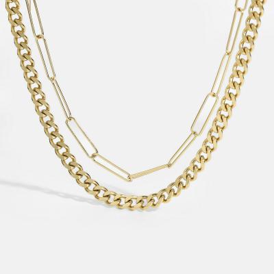 China TRENDY 316L Stainless Steel 14K Gold Plated Double Layered Cuban Clip Chain Link Chain Necklace For Women for sale