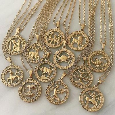 China TRENDY Gold Plated Round 12 Horoscope Zodiac Sign Coin Pendant Necklace For Women for sale