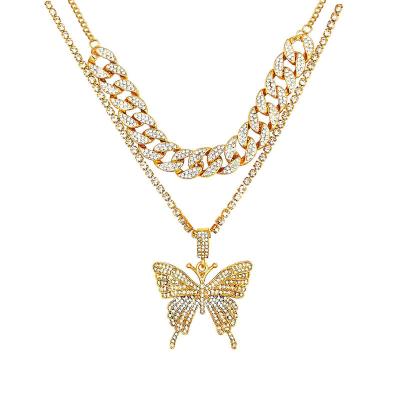 China FASHIONABLE Women Gold Rhinestone Silver Plated Cuban Link Layered To Pave Butterfly Charm Choker Pendant Necklace for sale