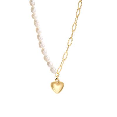 China TRENDY Gold Plated Freshwater Pearl Women Heart Oval Half Pearl Dangle Beaded Chain Half Paperclip Chain Necklace for sale