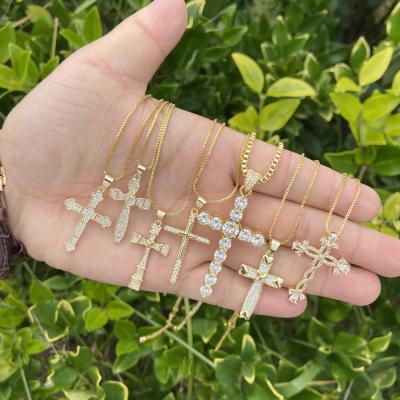 China TRENDY Copper Alloy 18K Gold Plated Cross Zircon Charm Pendant Necklace For Women for sale