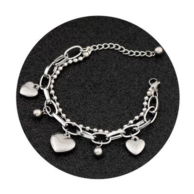 China CLASSIC High Quality Fashion Stainless Steel Link Chain Two Layers Love Heart Charm Bracelet For Women Girls for sale