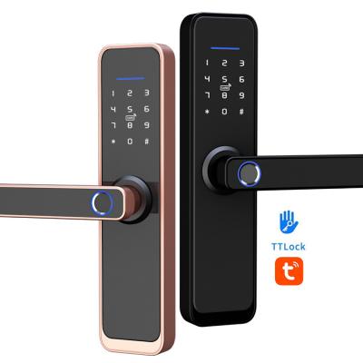 China ttlock digital wifi fingerprint rfid electric lock door tuya waterproof handle wooden for sale