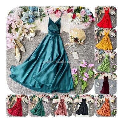 China 2022 New Holiday Anti-Wrinkle Mid Length Swing Dress Solid Color Halter Halter Strap Dress Full Length Fairy Dress For Women for sale