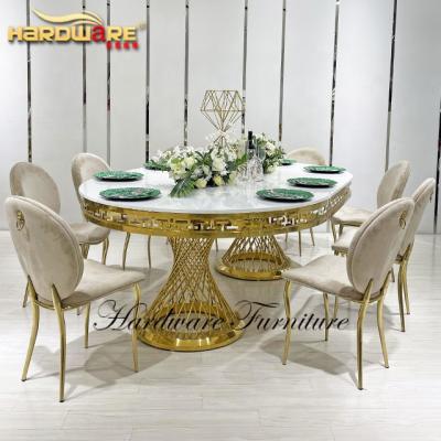 China Customized Hot Sale Stainless Steel Base White MDF Top Event Dining Gold Banquet Table for sale