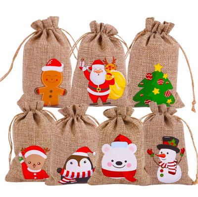 China Burlap Drawstring Pocket OEM Premium Glitter Christmas Candy Gift Folding Canvas Bag for sale