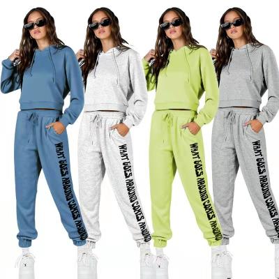 China Breathable Fashionable Letter Print Women's Long Sleeve Hooded Sweater Pants Cotton Casual Sports Suit for sale