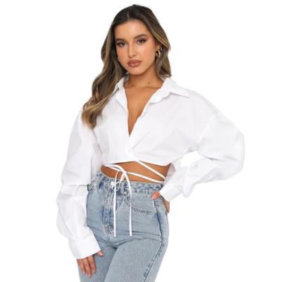 China QUICK DRY Women Sheath Long Bandage Lapel Crop Cardigan Tops Solid Fashion Ladies Office Streetwear Casual Shirts for sale