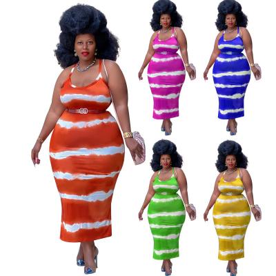 China 2022 breathable new fashion large plus size hot sexy printed loose striped long sleeveless ladies dress for summer for sale