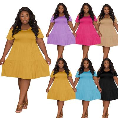 China -European and American solid color round neck breathable sexy shoulder plus size women's fashion casual pleated dress for summer for sale