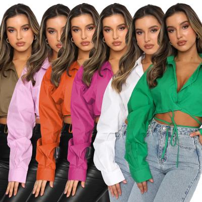 China New Design Solid Color QUICK DRY Long Sleeve Loose Tie Up Lapel Casual Fashion Polyester Women Blouses Sexy Canvas Shirt For Summer for sale