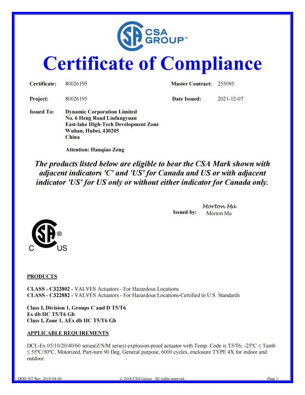 CSA for explosion proof series - Dynamic Corporation Limited