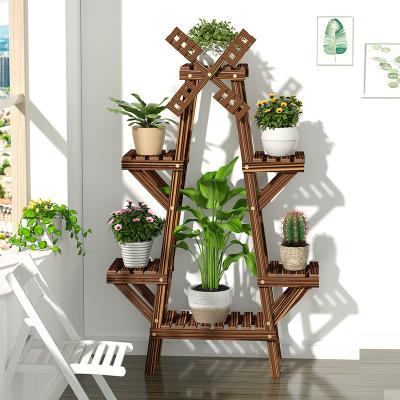 China Modern garden decoration carbonization process solid wood multi-layer flower stand for sale