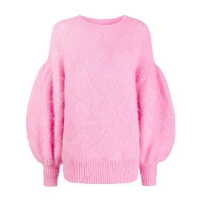 China 2023 new lantern anti-shrink sleeve minimalist sweater knitted plaid women's loose neck version sweater fashion round sweater new for sale