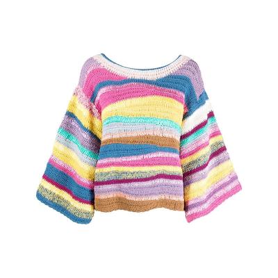 China 2023 new OEM ODM Colorblock acceptable crochet stripe anti-pilling knit balloon sleeve women pullover sweater for sale