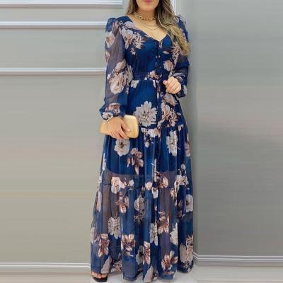 China New Arrival Fashion Floral Dress V-Neckline Printing Maxi Dresses Women Elegant Long Anti-Static Casual Dress for sale