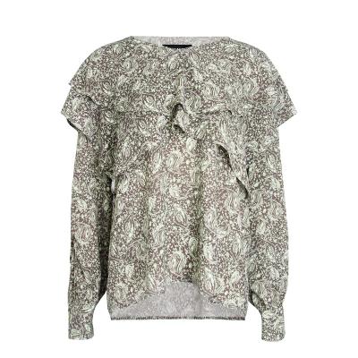 China Custom Floral Blouse Casual V-Neckline QUICK DRY Gathered Bishop Sleeve Blouse for sale