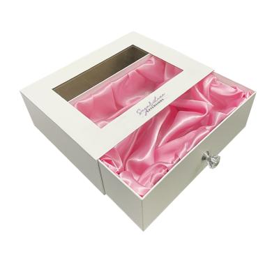 China Recycled materials drawer box with satin lining and window for sale