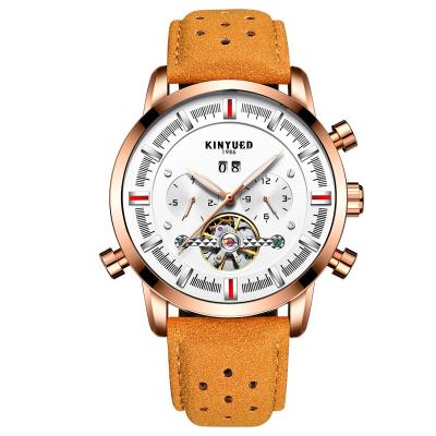 China Fashion Automatic Genuine Leather Waterproof Men's Wristwatch 3ATM Tourbillon Movement KINYUED J019 Date Watches for sale