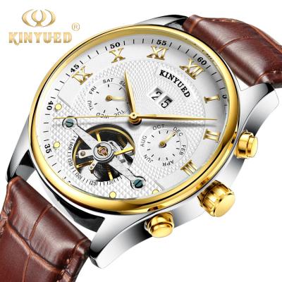 China Fashion Automatic Genuine Leather Men's Tourbillon Movement Wrist Watch KINYUED J009 3ATM Date Watches for sale