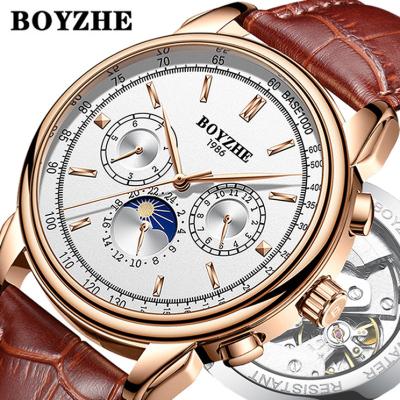 China BOYZHE Automatic Date Luxury Brand Genuine Leather Strap Logo Custom Watches Automatic Mechanical Man Watch for sale