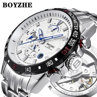 China New Arrival Date BOYZHE Automatic Mechanical Movement Dial Hardness White Mineral Glass Automatic Watch for sale