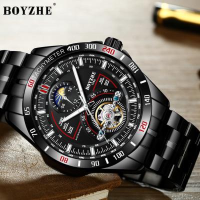 China BOYZHE Hot Selling Full Automatic Mechanical Black Moon Phase Black Dial Moon Phase Watch for sale