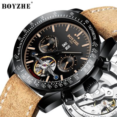 China BOYZHE Date BOYZHE OEM Automatic Leather Strap Luxury Skeleton Luminous Dial Men's Mechanical Watch for sale