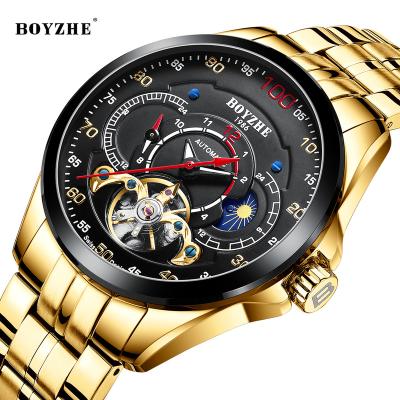 China New Glod Luxury Automatic Date Case Tourbillon Movement Men's Watches BOYZHE Automatic Mechanical Wrist Watch for sale