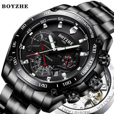 China Date BOYZHE New Arrival Black Automatic Strap Butterfly Double Buckle Fully Automatic Mechanical Men Luxury Watch for sale